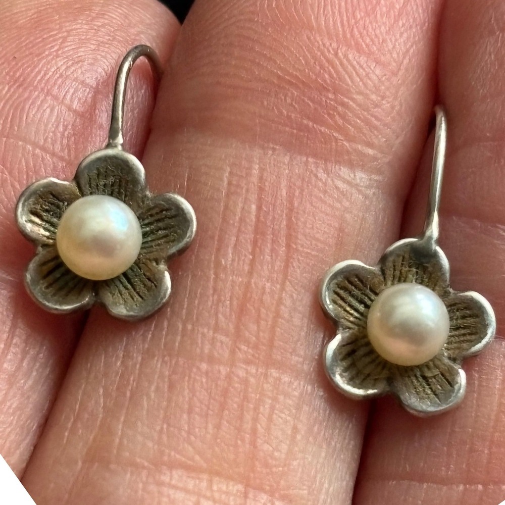 Flower Drop Sterling & Genuine Pearl Earrings 925 Floral Kidney Wires